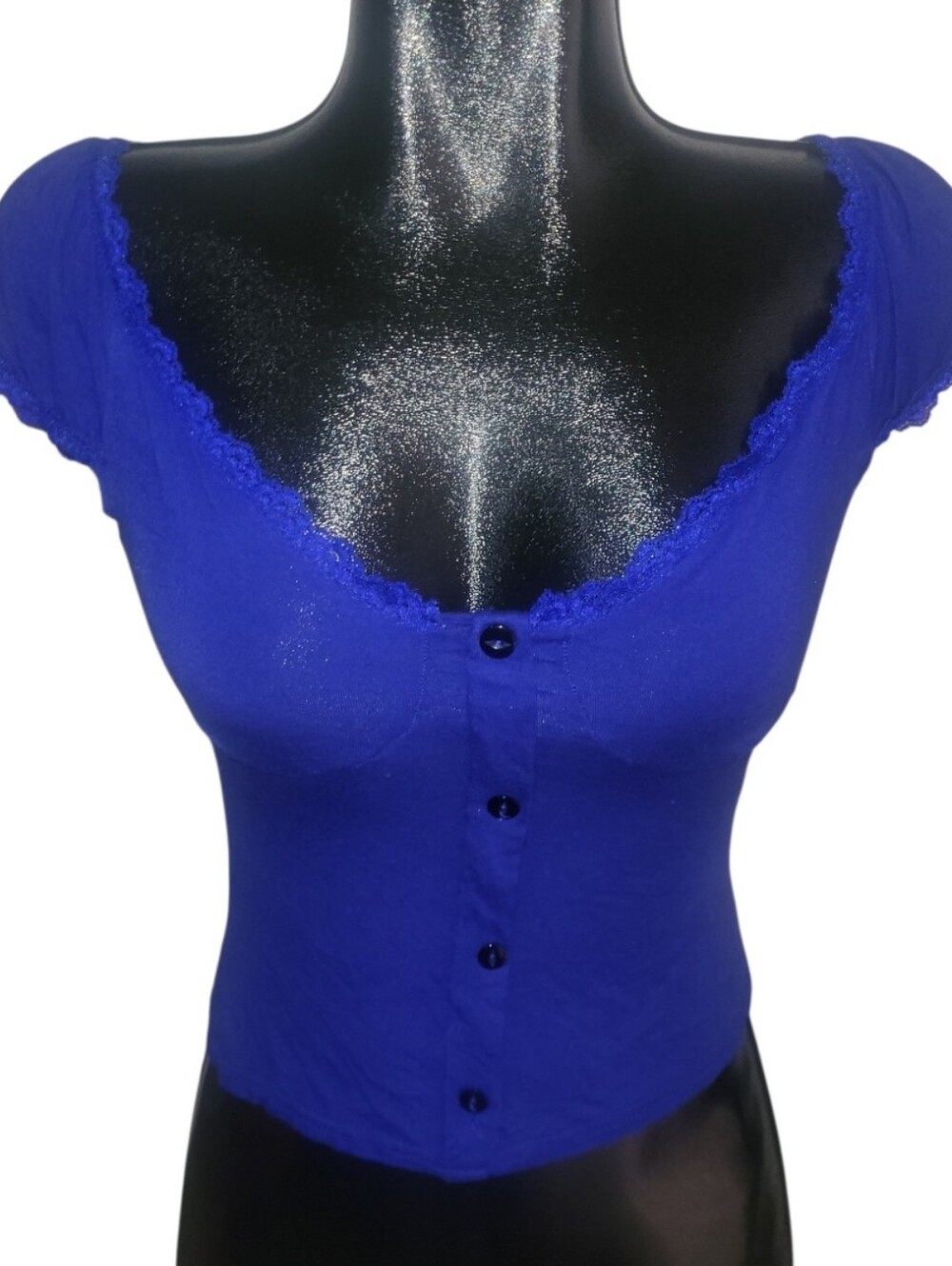 PrettyLittleThing Cobalt Blue Lace-Trim Faux Button Up Crop Top Size 4